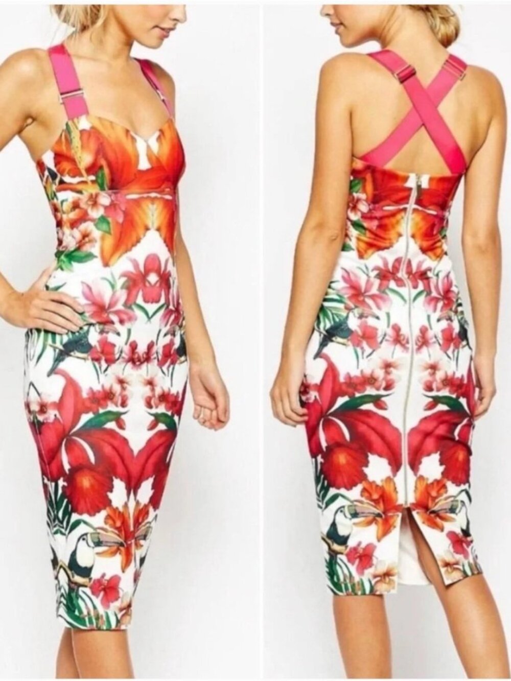 Ted Baker Jameela Tropical Toucan Midi Pencil Dress, Size Medium (2)